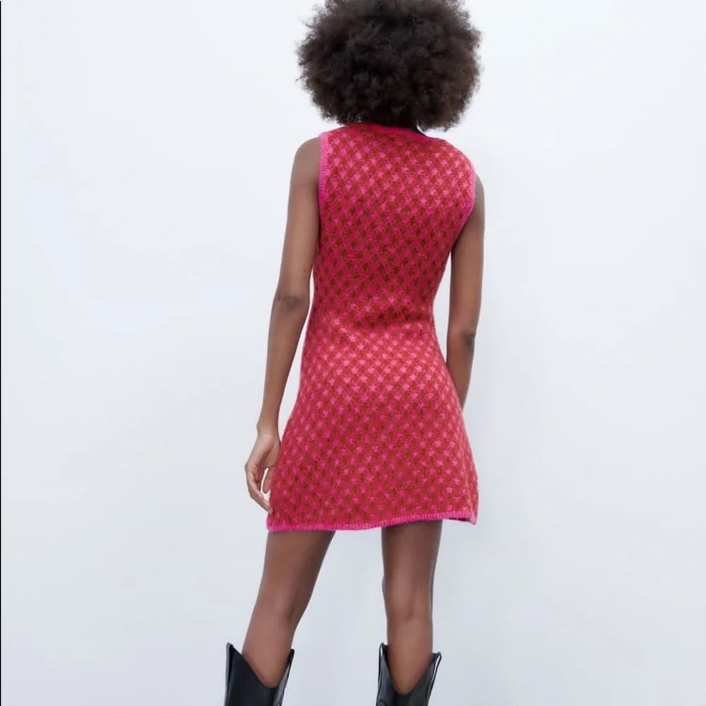 Zara PLAID KNIT Sleeveless Mini A-Line Dress w/ Round Neckline Size S Pink NEW - Picture 12 of 16